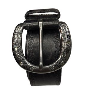 VTG Fossil Medium Black Tooled Leather Belt Embossed Floral Silver Buckle Bling